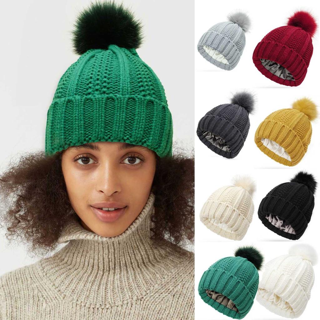 Stretch Satin Knit Beanie Hat Loose Fit Warm Pom Pom Hat Soft Stretchy Winter Headwear for Women and Men Suitable for Outdoor Activities