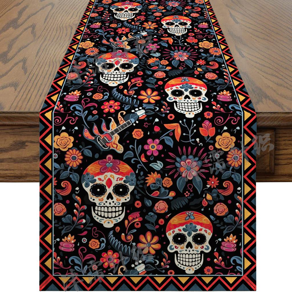 Halloween Table Runner Faux Linen Long Strip Day of the Dead Christmas Holiday Dining Decor