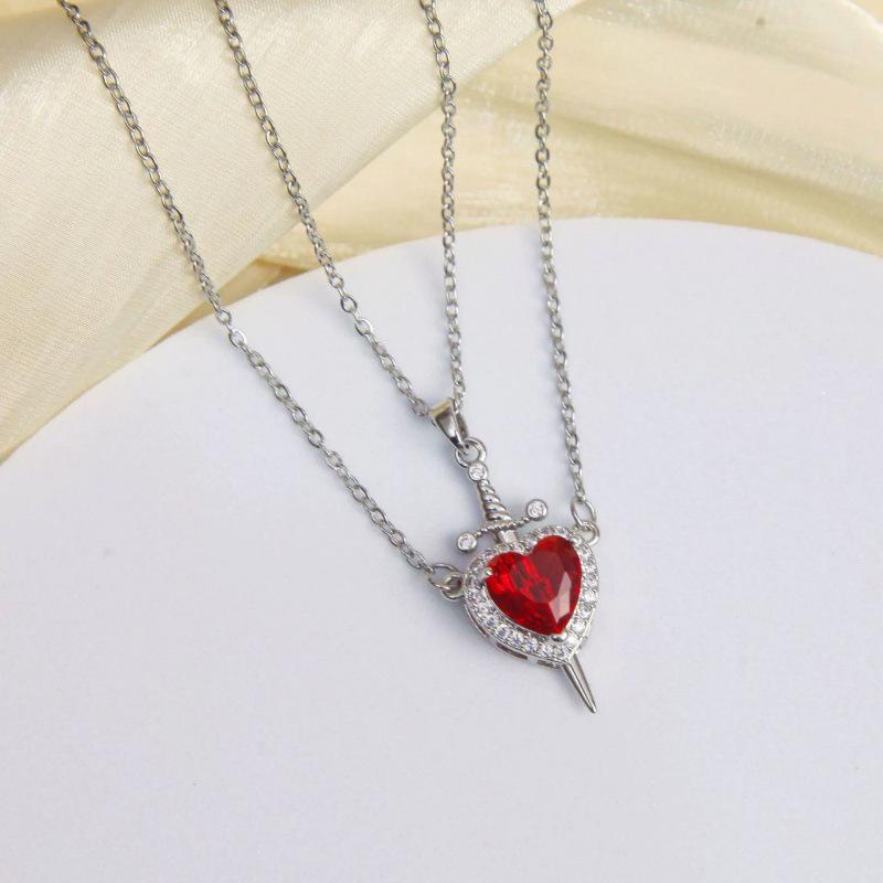 Valentine's Day Red Zircon Heart Sword Pendant Necklace In European & American Style