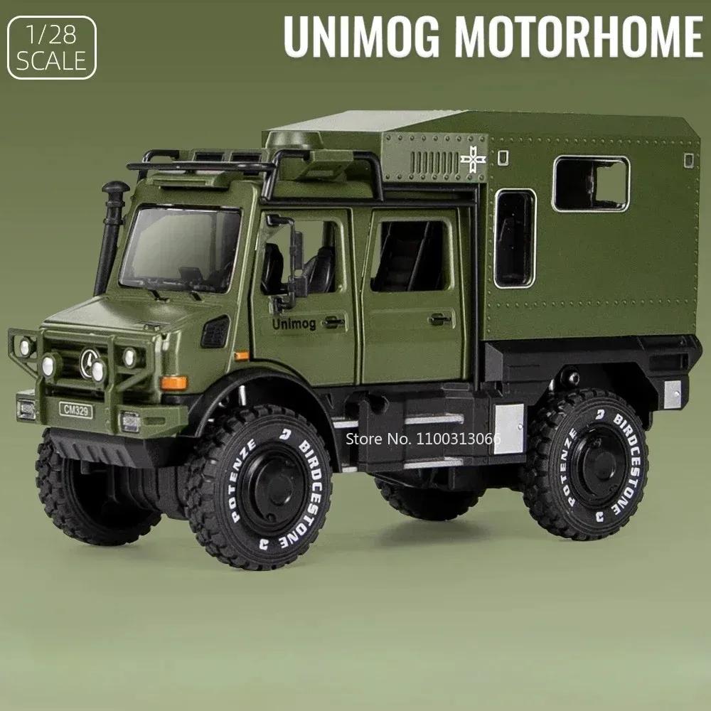 

1:28 Іграшкові Моделі Автомобілів Unimog Металеві Литі з Світлом Звуком Транспортний Засіб Гумові Шини Двері Відкриваються Позашляховик Будинок на Колесах для Хлопчиків Подарунок на День Народження зелений