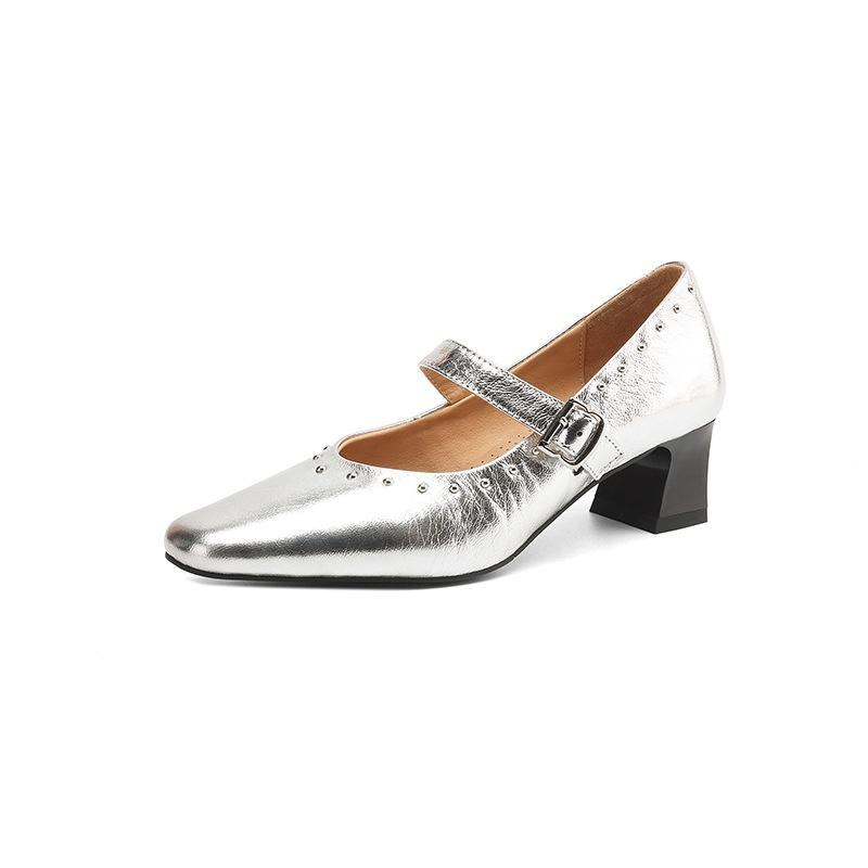 Cuir de vache Printemps et Automne 2025 Talon Moyen Peu Profond Rivet Chaussures Simples Rétro Cuir Chaussures Mary Jane Tout Cuir Femmes Intérieur et Extérieur
