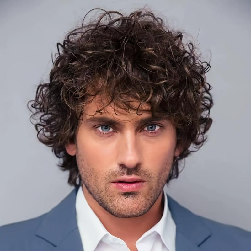 Parrucca Corta Riccia Marrone Scuro in Fibra Sintetica da Uomo, Estensioni Capelli Fresche, Copricapo Traspirante, Stile Naturale Folto per Capelli da Uomo