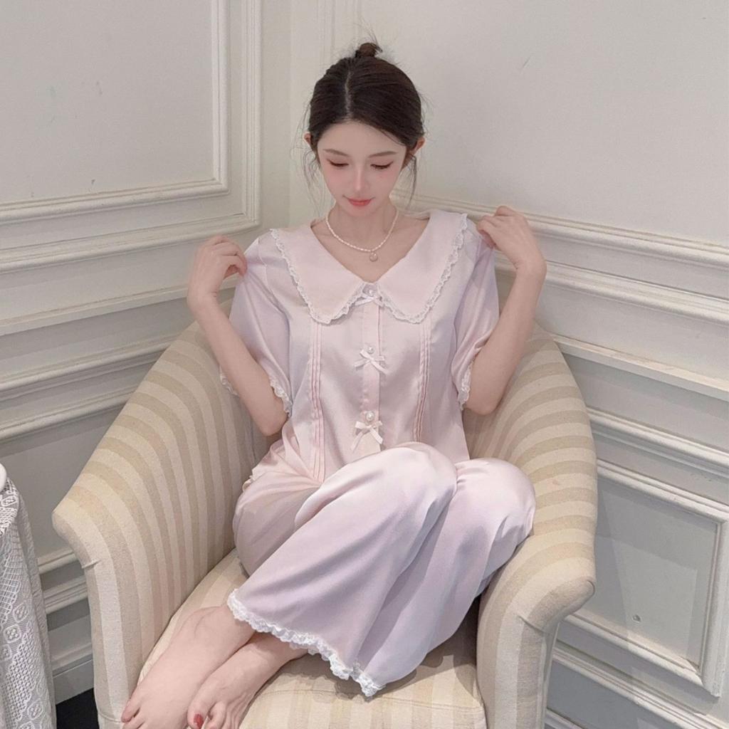 1011 New Pajamas Women's Summer Ice Silk Short-sleeved Trousers Set Unique and Beautiful Korean Girl Loungewear