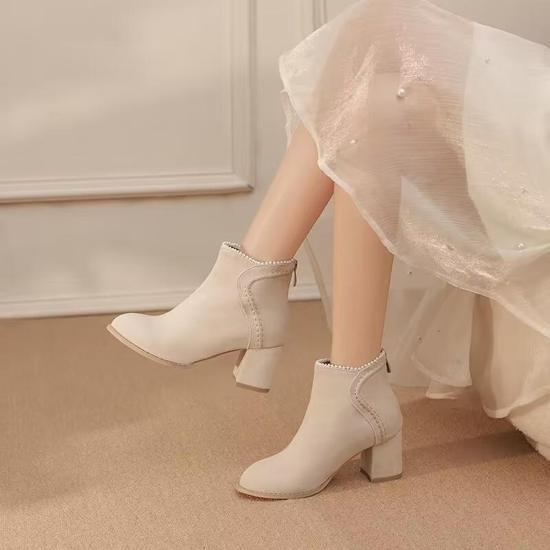 

Матовые осенне-зимние модные ботинки на задней молнии, ботинки Мартина, флисовые короткие ботинки с туфлями ципао, ханьфу, высокий каблук, новый китайский стиль 38