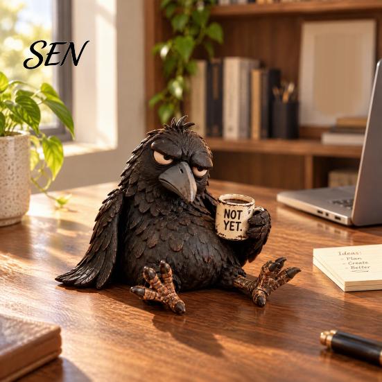 Kávový hrnek ve tvaru vrány, Vtipná figurka vrány s hrnkem, Soška z pryskyřice, Realistické zvířecí novinka Sběratelská soška Ornament pro domácí dekoraci, Kreativní