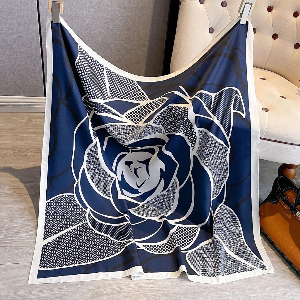 Big Flower Diagonal Silk Pattern Large Square Scarf 90 Fashion Retro Printing Imitation Silk Shawl Scarf Headscarf Women
