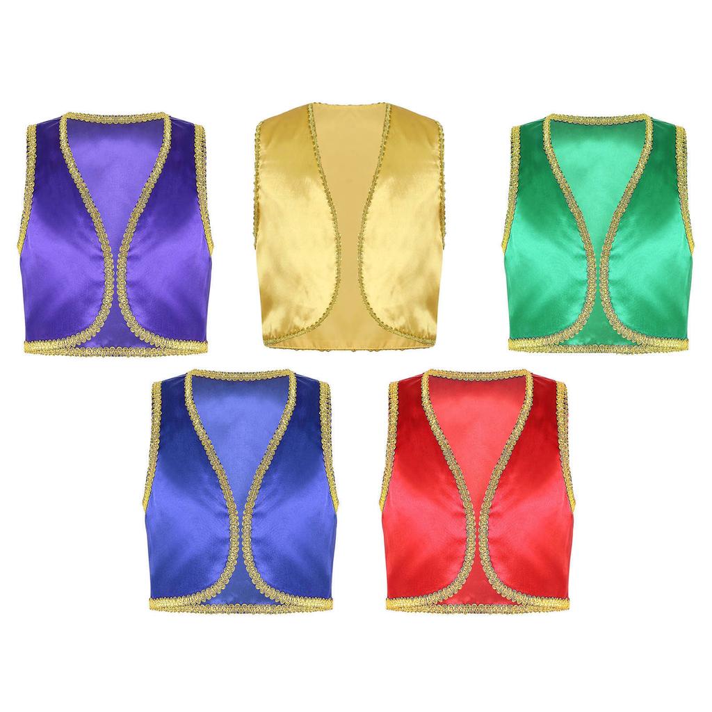 Boys Fairytale Cosplay Waistcoat Open Front Golden Braided Trimmings Vest Dress Up Performance Costume