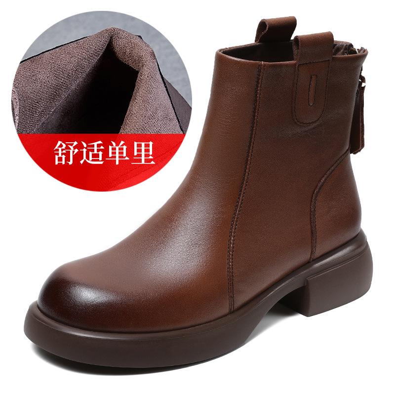 Autumn and Winter New British Martin Boots Women's Retro Leather Soft-soled Zipper Boots Chelsea Skinny Short Boots