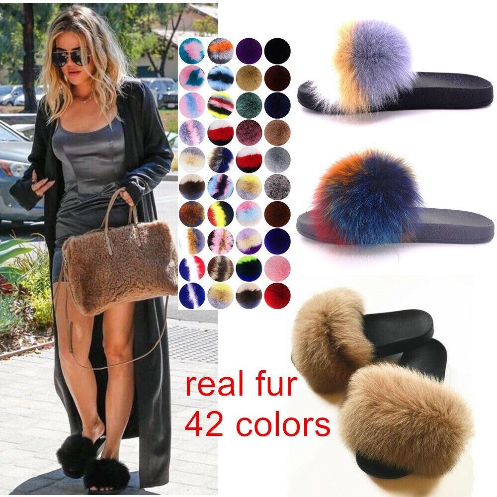New Girls Fur Slippers Sandals Shoes Soft Luxury Women Lady Slides