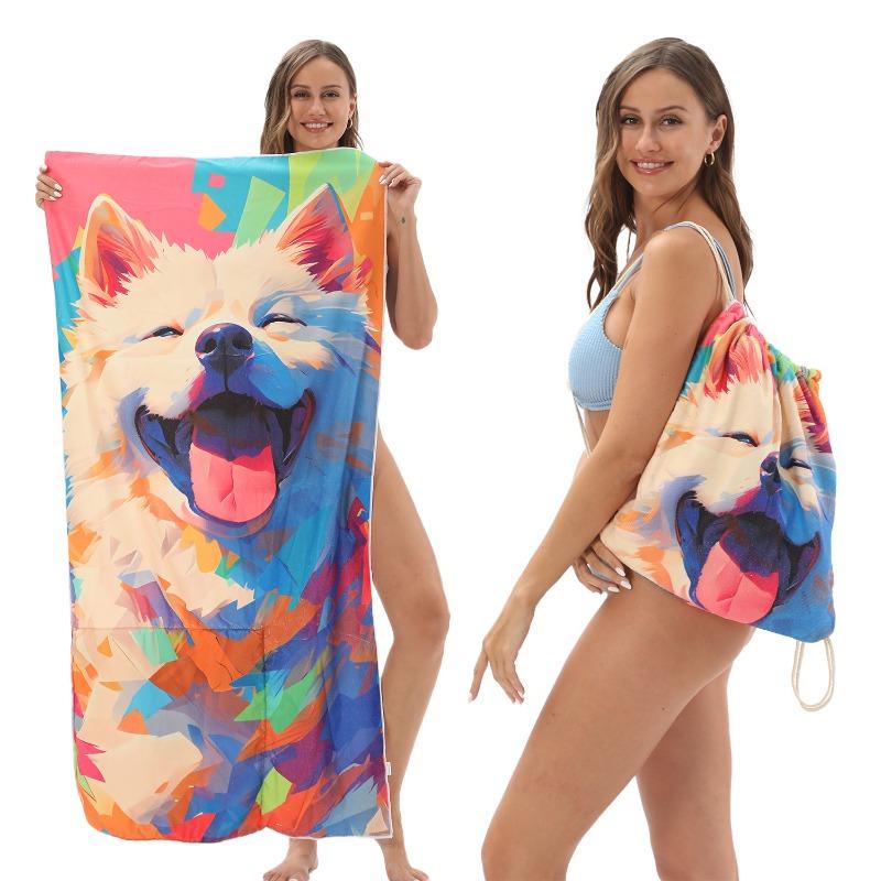 2-in-1 Foldable Beach Towel Backpack,Camping, Yoga and Travel, Absorbent Printed Bath Towel with Built-in Storage, Convertible Beach Mat Carry Bag,1pc
