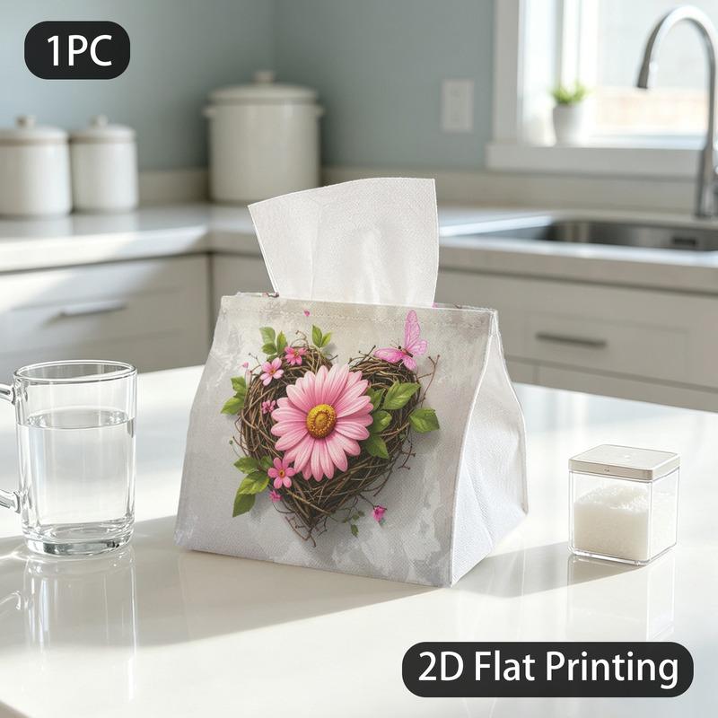 1pc Tissue Box, Artistic Heart Nest Pink Daisy Romantic Pattern, 2D Flat Printing, Blocks Dust, Folds Flat, Napkin Box, for The Dining Table, 2D Flat