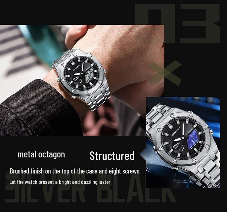 Sanda Octagonal Steel Band Multifunctional LED Light Watch for Men - TikTok Trendy Heartbeat Monitor Watch