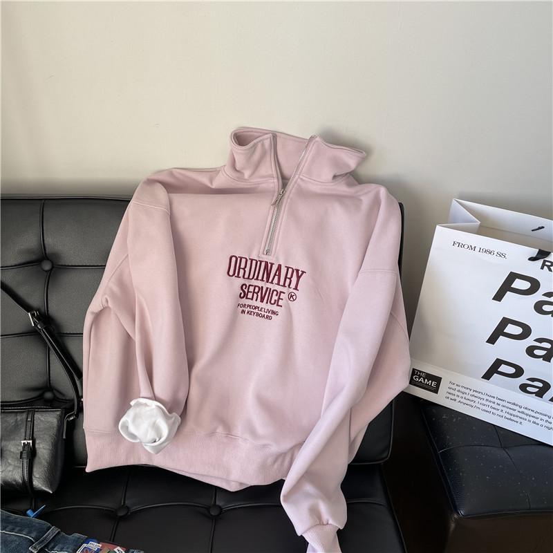 Korean-Style Embroidered Half-Zip Pullover: Women's Spring & Autumn Stand-Up Collar Sweatshirt