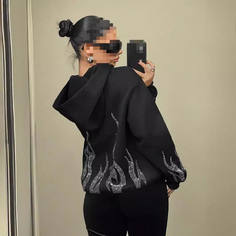 Autumn and winter Y2K trendy street flame hot stamping loose zipper hooded sweatshirt for men and women