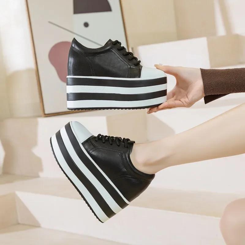 Fashion 12cm New Synthetic Genuine Platform Wedge Flats Leather Autumn Spring Boot Ankle Women High Brand Fashion High Heels Shoes