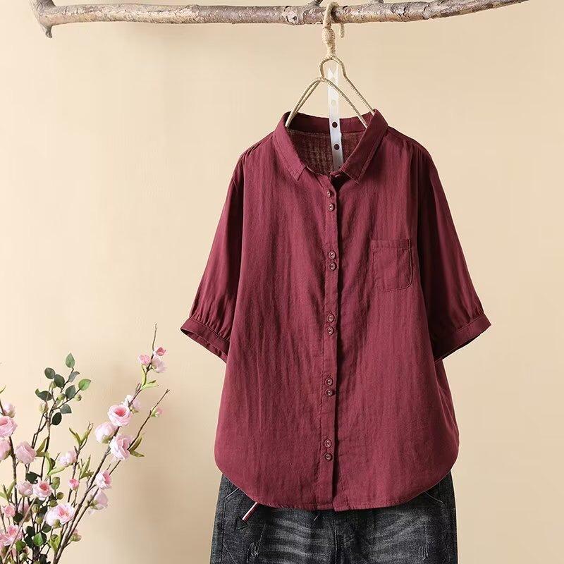 Double Layer Cotton Short Sleeved Shirt Women's Loose Sun Protection Design Niche Jacket Pure Cotton Loose Versatile Top Blouses & Shirts