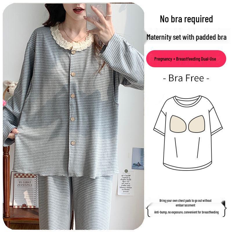Maternity & Nursing Pajamas Set with Breast Pads for Spring & Autumn – Plus Size