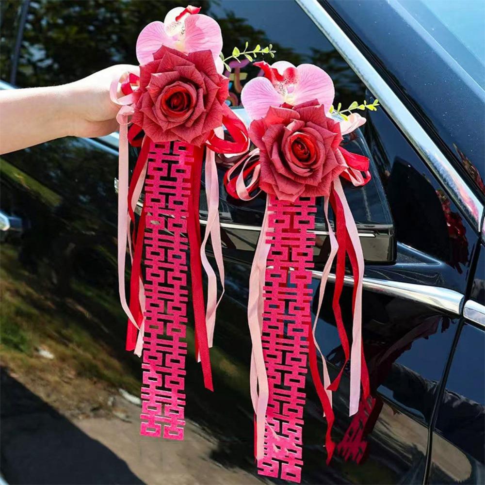 2Pcs Bowknot Ribbon Wedding Car Flower Suction Cup Wedding Decoration  Car Handle