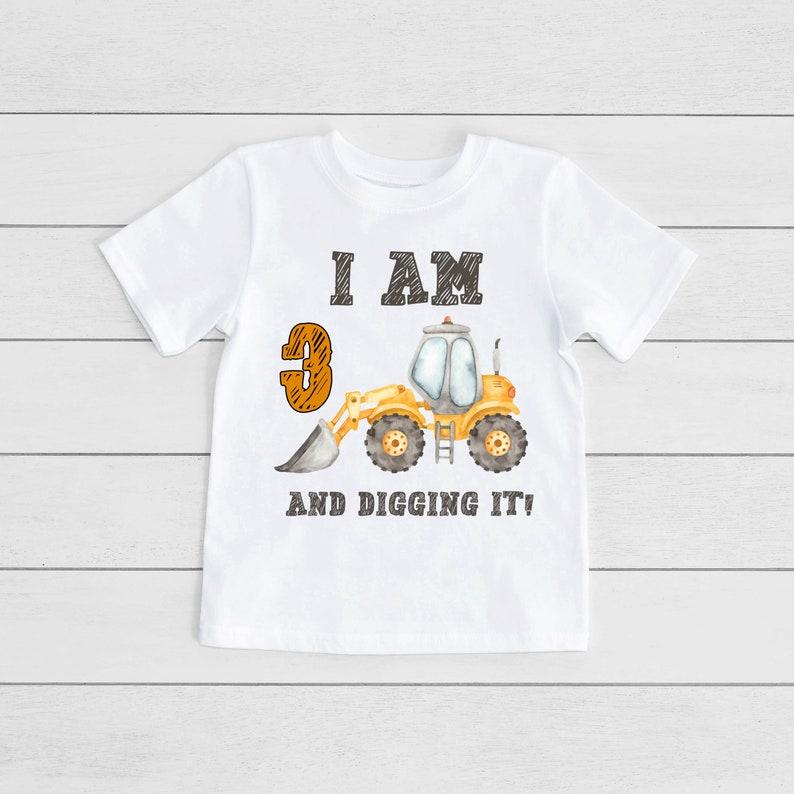 Excavator birthday T-Shirt, Personalised year birthday shirt, Construction trucks birthday outfit, gift for kids birthday, sibling birthday 100