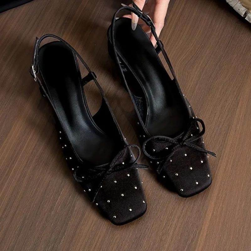 Women's Shoes 2025 High Quality Summer New Baotou Women's Sandals Square Heel Butterfly-knot Square Toe Dress Sandals