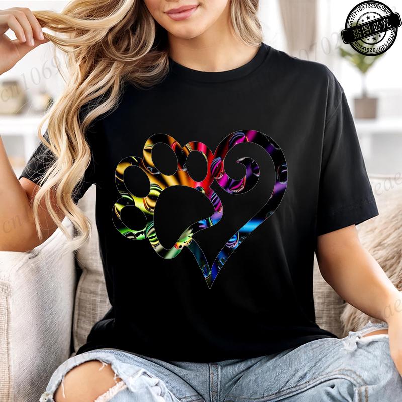 Summer T-shirt Fashion Heart Dogs Paw Print Casual Tops Colorful Heart Paws Printed Tops Cartoon Graphic Printed Tees Black Tops
