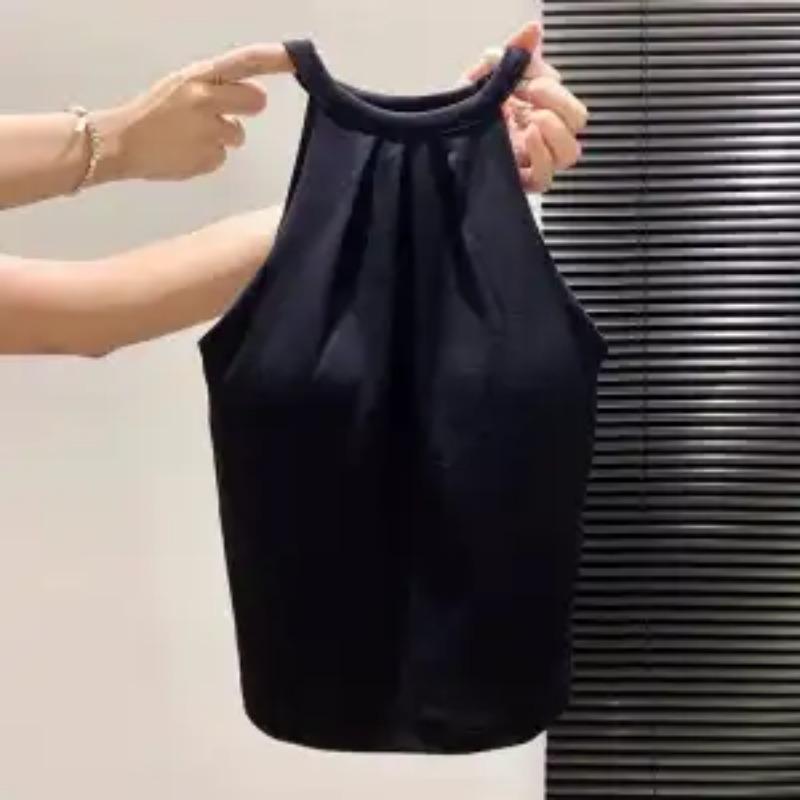 

Women s Halter Neck Sleeveless Ruched Front Slim Solid Color Tank Top for Casual M чорний