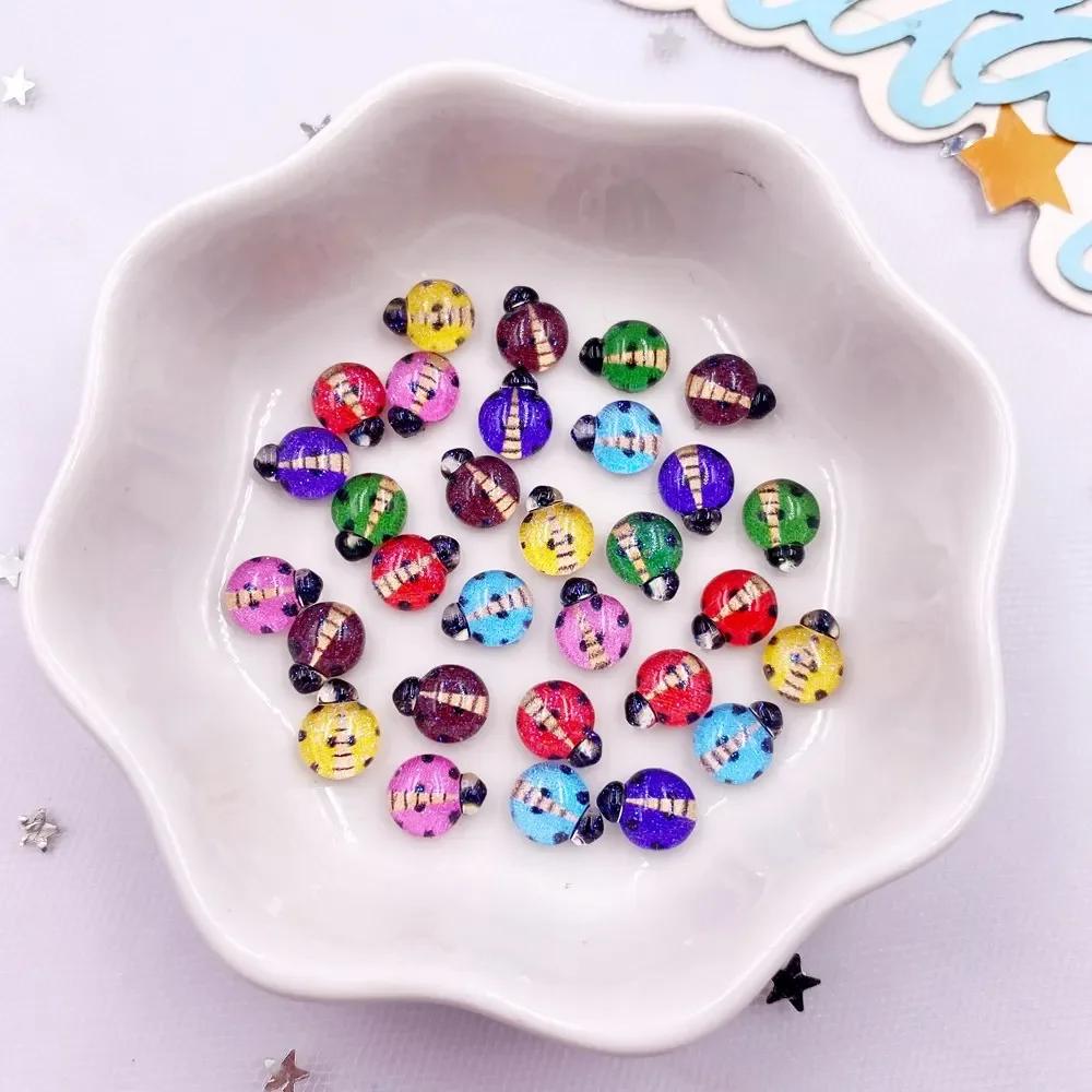 100pcs Resin Glitter Colorful Mini Crystal Flower Beetle Flatback Rhinestone Art Nail Applique Decor DIY Wedding Scrapbook Craft