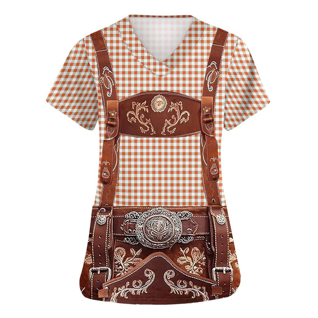Women's V Neck Short Sleeve Work Shirt with Pockets Oktoberfest Print Top for Caregivers and Service Staff Comfortable Fit