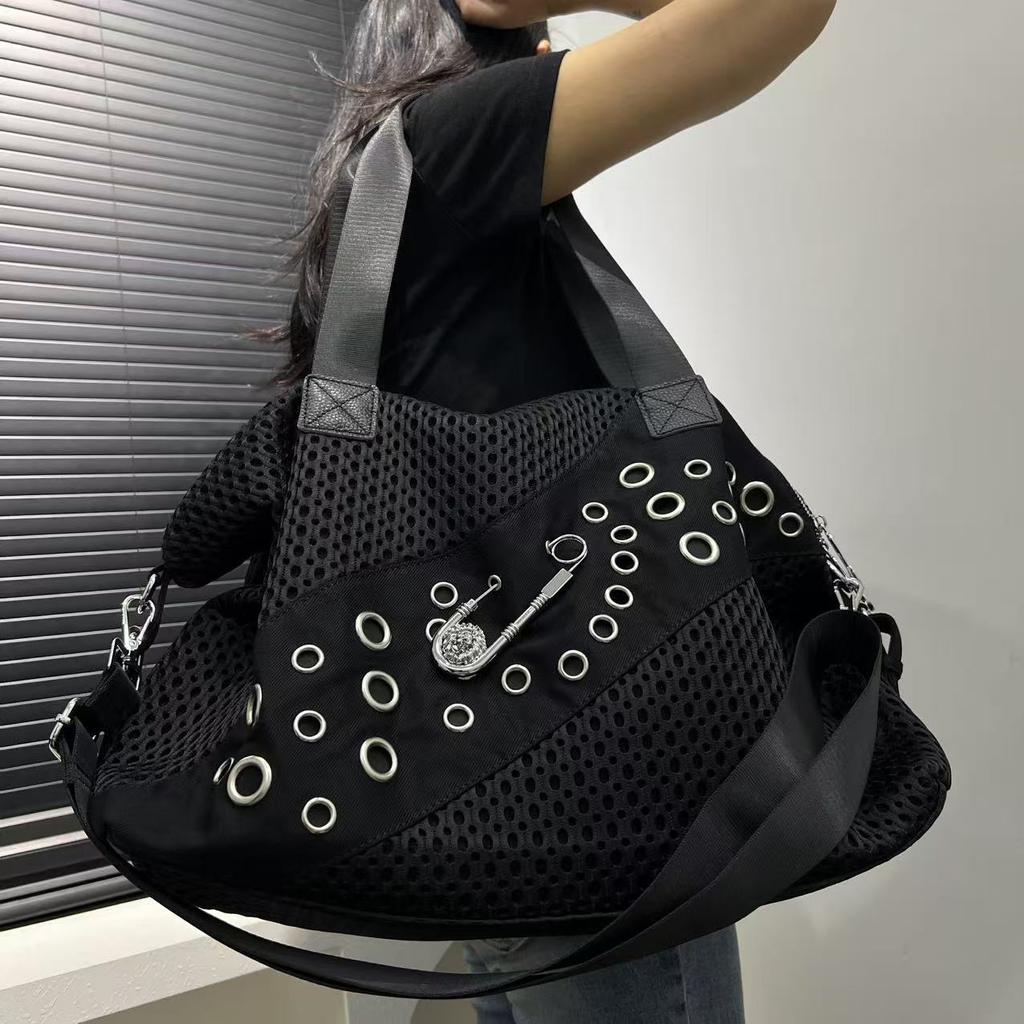 Women'S Personalized Mesh Oversized Tote Bag Large Pin Rivet Ring Shoulder Bag