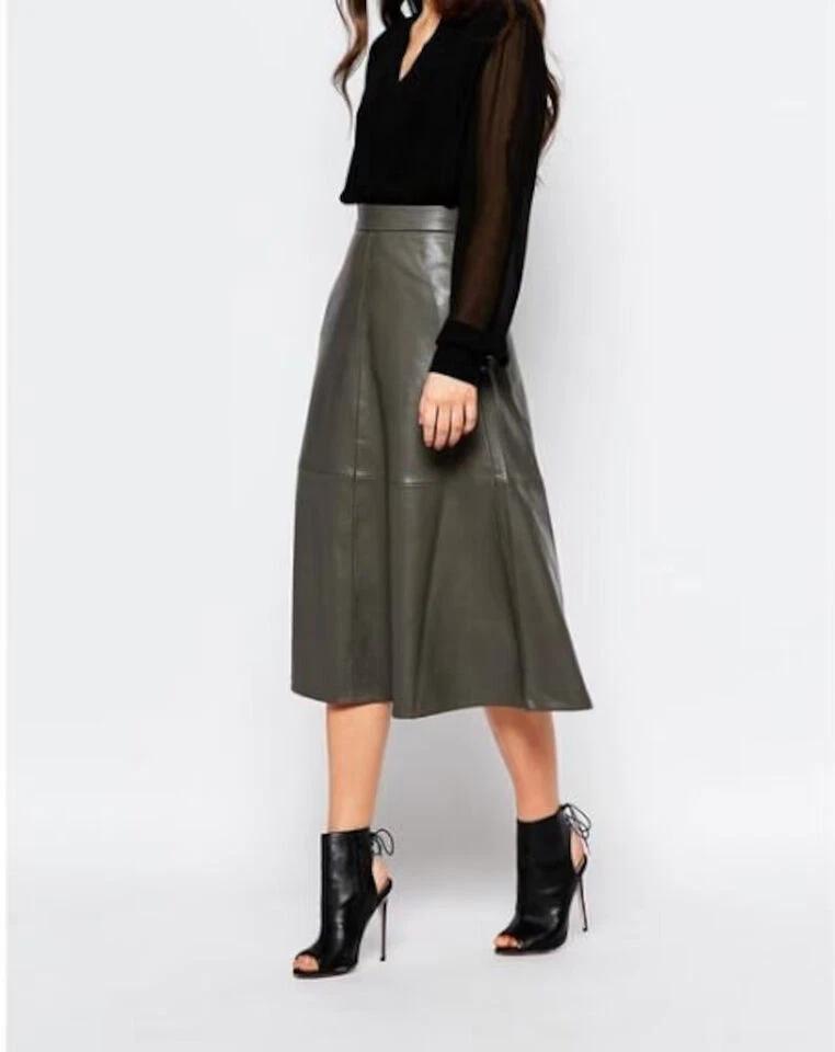 Women's Skirt Stylish Gray Leather Handmade Original Lambskin Formal Wear Soft