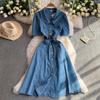 Hong Kong style retro blue denim dress women's summer metal buckle slim-fitting lace-up waist thin a word medium and long dress