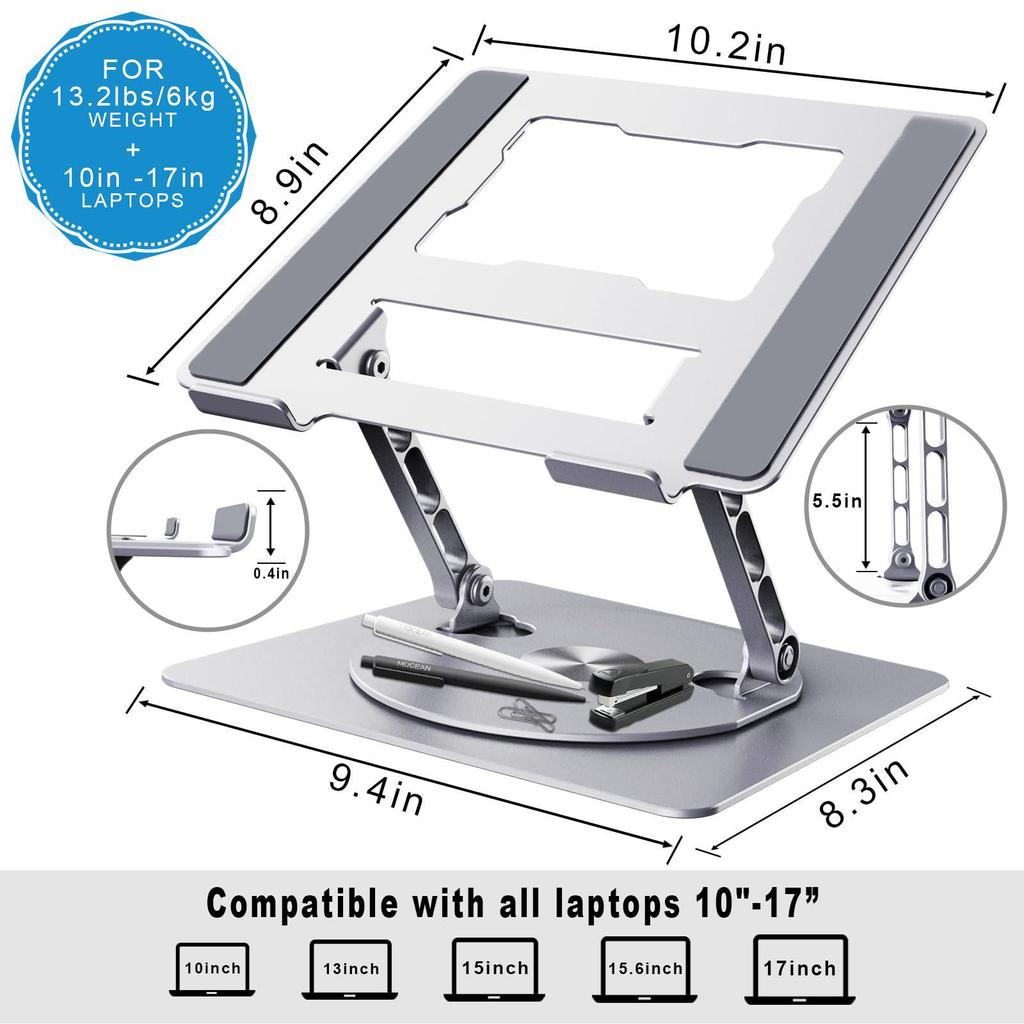360° Rotating Aluminum Laptop Stand with Adjustable Height and Heat Dissipation