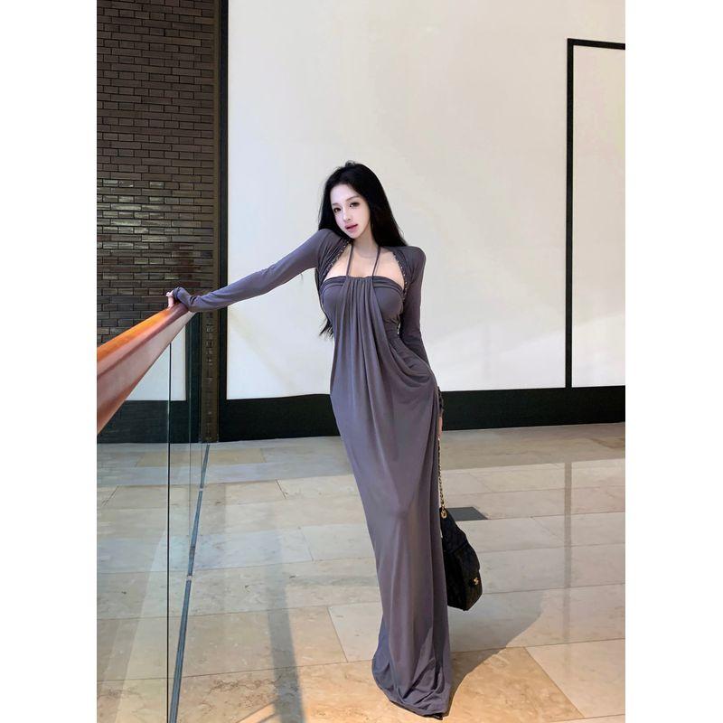 Kumikumi Pure Desire Wind Heavy Industry Woven Twist Outerwear Women Autumn Gray Pleat Hanging Neck Dress Two-piece Set