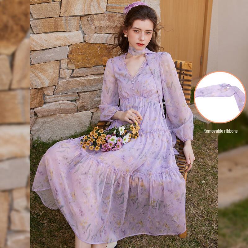 Bailuyu French Style Floral Print Puff Sleeve Midi Dress L