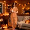 Women's Halloween Print Scrub Set V-Neck Short Sleeve Top with Pocket and Pants 2-Piece Uniform