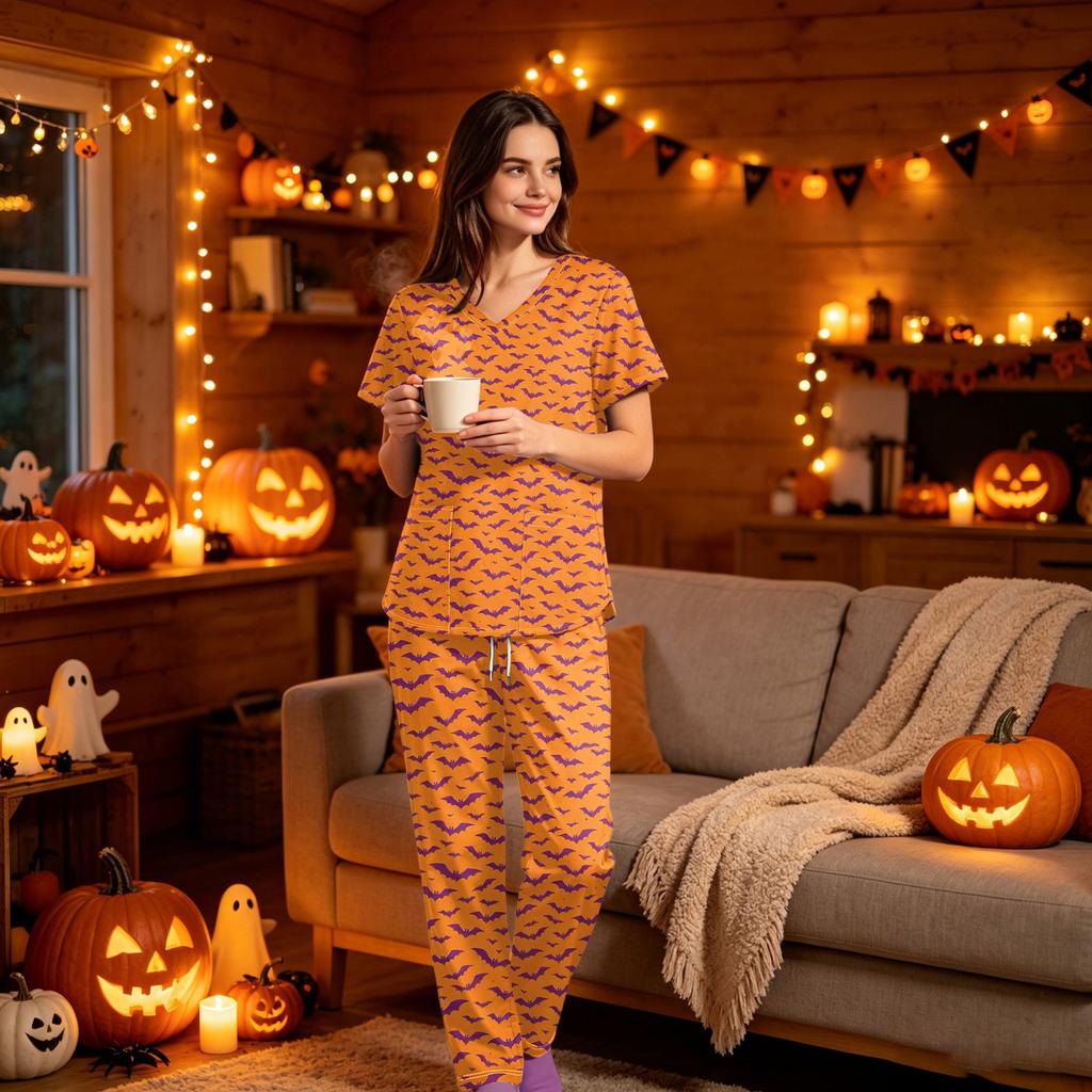 Women's Halloween Print Scrub Set V-Neck Short Sleeve Top with Pocket and Pants 2-Piece Uniform