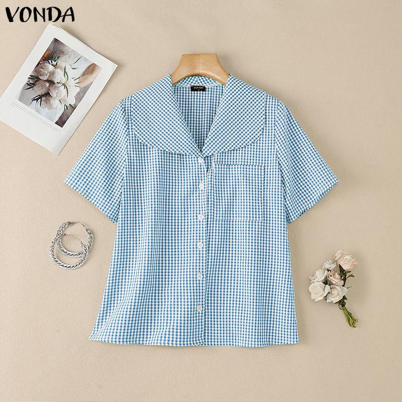 VONDA Summer Women Lapel Neck Short Sleeve Plaid Cute Casual Blouse Tops