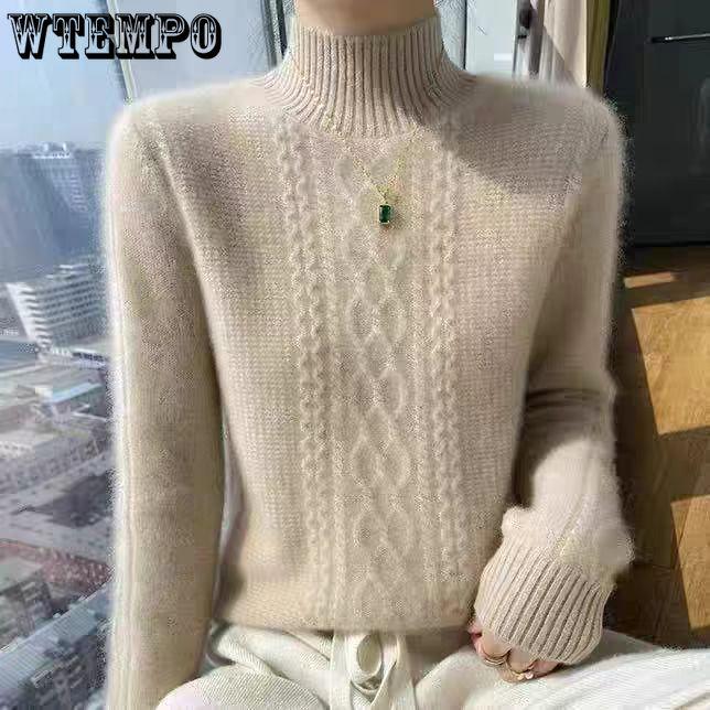 Pullover Women's Half Turtleneck Sweater with Thick Casual Knitted Sweater Solid-colored Loose Warm Top for Autumn and Winter
