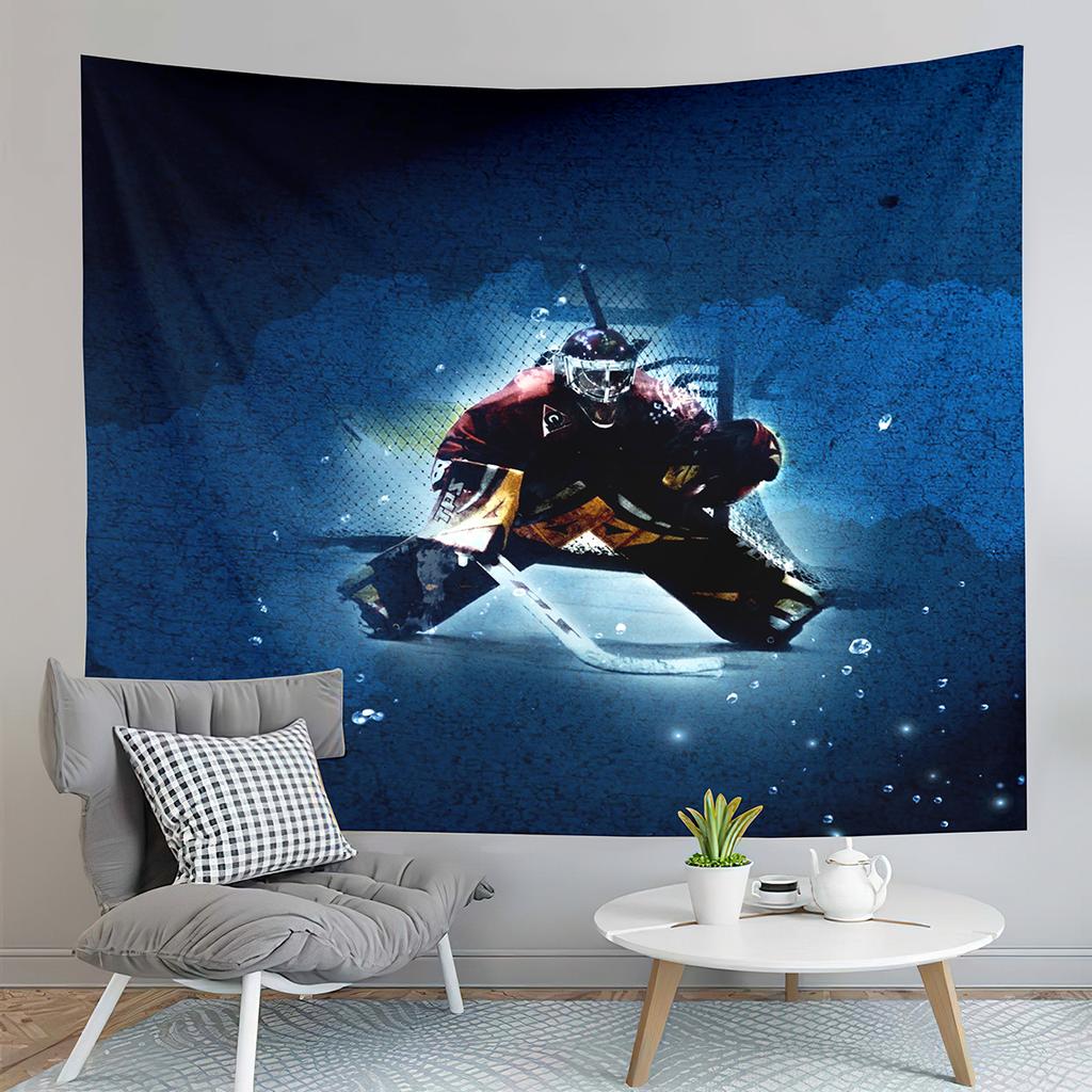 Ice Hockey Player and Puck Tapestry Modern Sport Illustration Tapestry Aesthetic Home Decor Tapestry for Living Room Bedroom