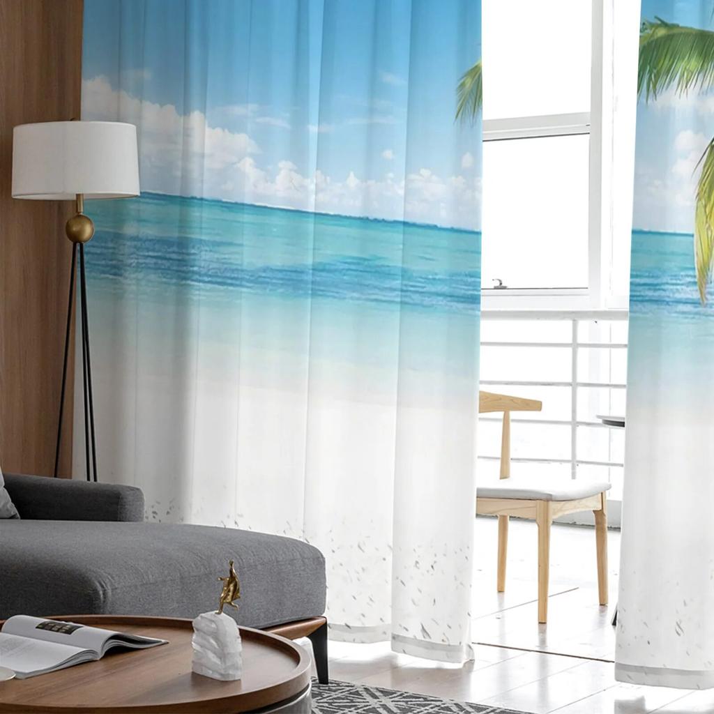 Beach Sea Coconut Trees Modern Printed Tulle Curtains for Bedroom Balcony Window Decor Creative Fashion Home Sheer Curtain
