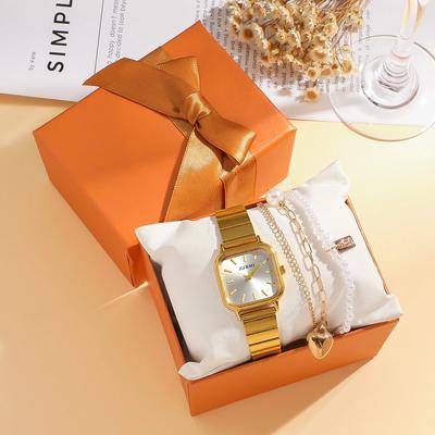 Exquisitely Light Luxury Fashion Women's Quartz Watch Small Square Dial Alloy Strap Pearl Bracelet Set for Christmas and Hallowe
