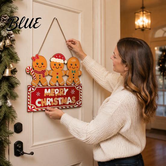 Wooden Holiday Wall Ornament Christmas Gingerbread Man Hanging Sign for Front Door, Merry Photo Background Prop Plaque with Lanyard, Decoration