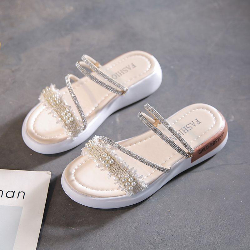 Flat-bottomed Rhinestone Two-wear Sandals for Women's Years, New Summer One-word Sandals with Sandals, and Thick-soled Wedge Heels for Women's Shoes.