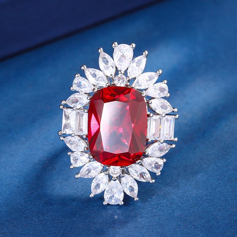 Jewelry Copper Bottom Plating Simulation Red Corundum Sapphire Fat Rectangular Light Luxury Temperament Set Female 12 * 16