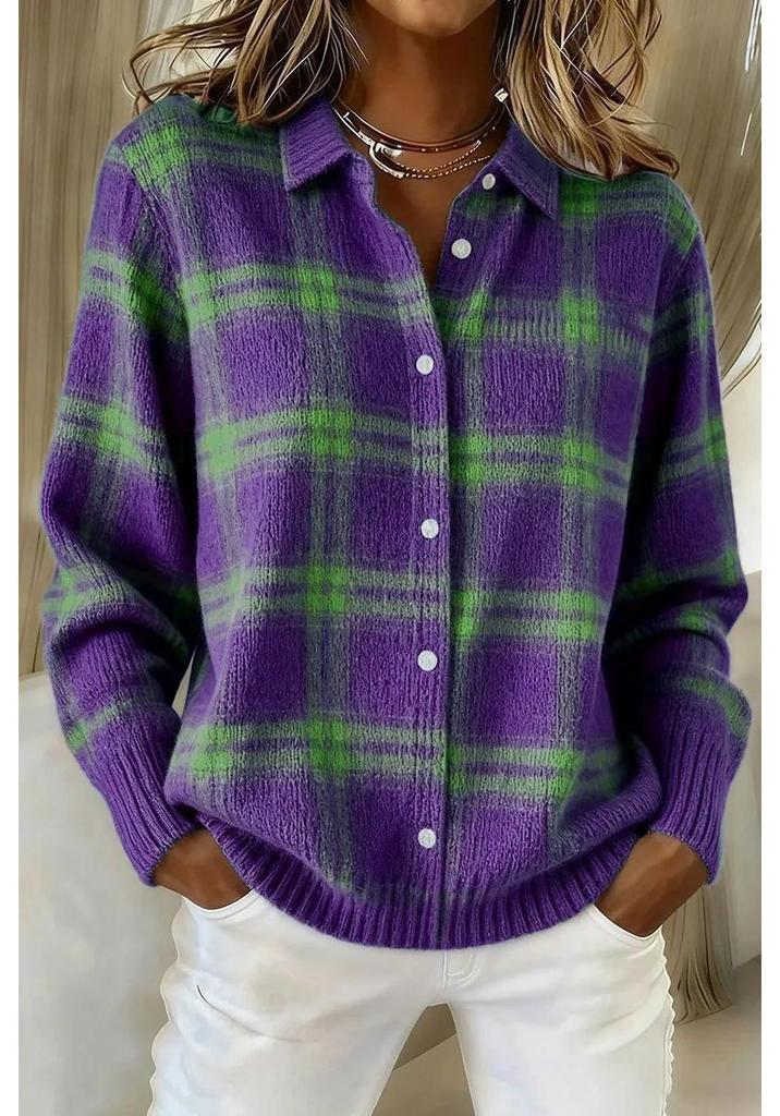 Damen Karomuster Langarm Revers Cardigan Pullover - Lässiger Lockere Passform für Herbst und Winter