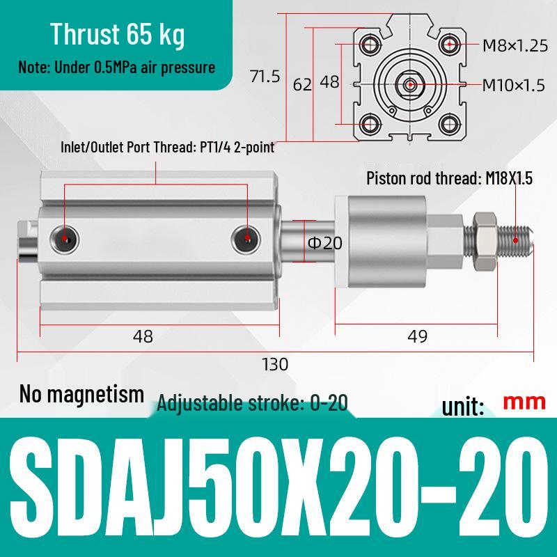 Adjustable Stroke Pneumatic Thin Cylinder - Piston Rod Sizes: 16/20/25/32/40/63