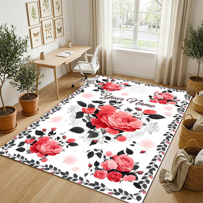 Floral Artwork Theme Soft Crystal Velvet Rug Custom Name & Text Print Non Slip Floor Rug for Bedroom Living Room