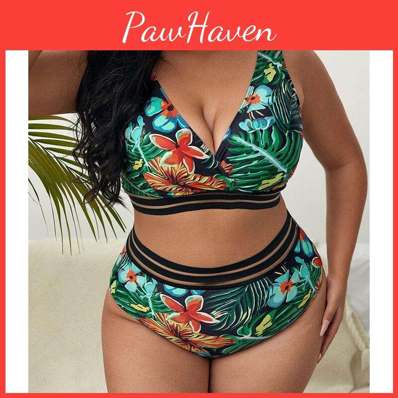 Size Pieces Swimsuits Plus 2 Set Women High Waist Push Up Bikini Sets Flower Print Summer Large Bathing Suits