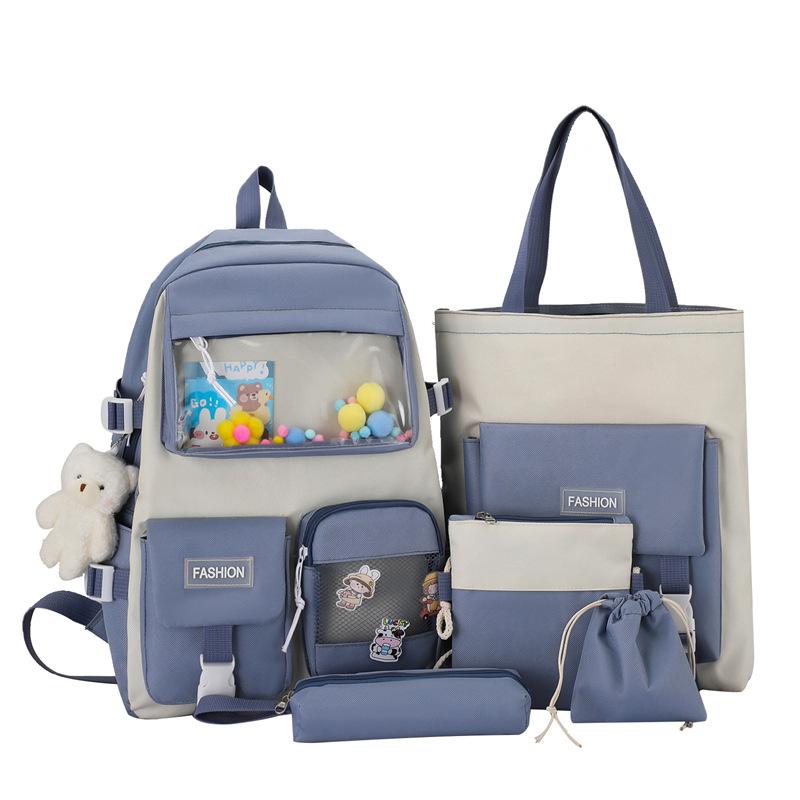 5pcs/set Kawaii School Bags for Teenage Girls Casual Canvas Large Capacity Student Bookbags Women Travel Backpack Shoulder Bags