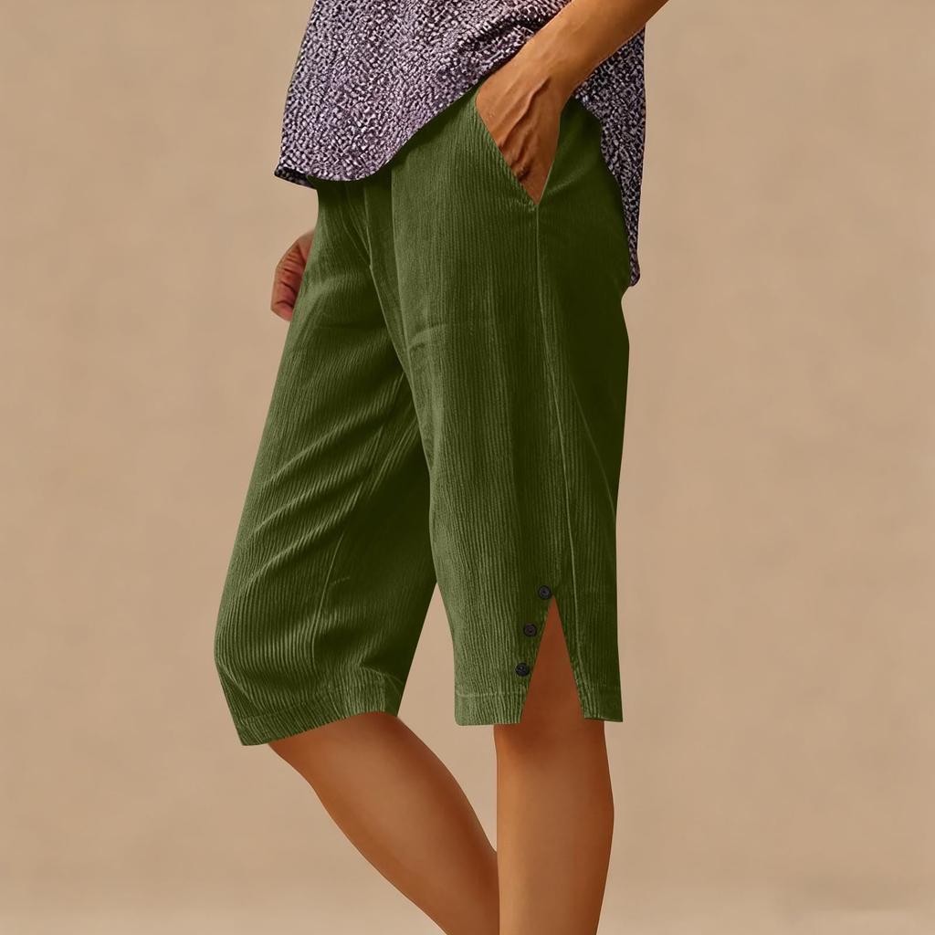 Women’s Corduroy Knee Length Shorts Relaxed Fit Button Side Pockets Casual Lightweight Soft Material